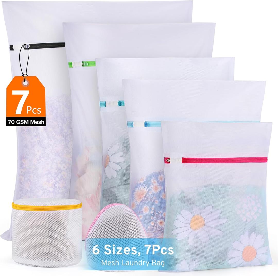 Ultimate 7 Pack 6 Size Mesh Laundry Bags Set for Delicates with AUTO-Lock Zipper, Lingerie Bags for Washing Delicates, Laundry Bags Mesh Wash Bags, Delicates Laundry Bag for Jeans,Blouse,Stocking,Bra (White_Fine Mesh)