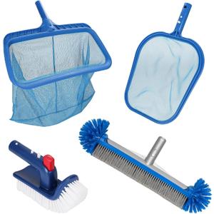 Pool Cleaning Kit Professional Heavy Duty Leaf Skimmer Net, Deep Bag Rake & Wall Scrubber Brush, 4-Piece Pool Cleaning Equipment Set for Above Ground & Inground Pools (Pole Not Included)