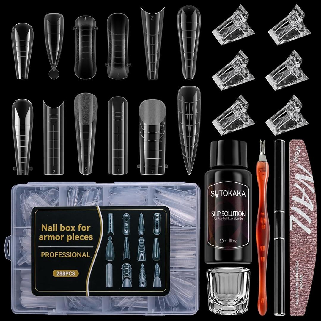 288Pcs Polygel Nail Form Kit 12 Style 12 Sizes Reusable Nail Extension Mold Dual Forms with 6Pcs Nail Clips, Nail Slip Solution, Brush Pen, Nail File & Cuticle Pusher for Beginners (Clear-Mixed Shape)