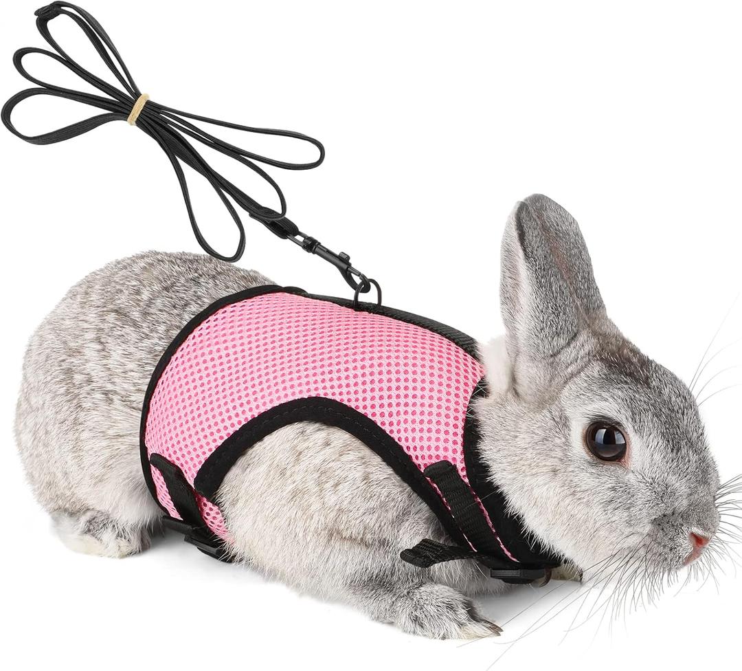 PETTOM Bunny Rabbit Harness with Stretchy Leash Cute Adjustable Buckle Breathable Mesh Vest Harness and Leash Set for Kitten Small Pets Holland Lop Bunnies Walking (S(Chest:9.8-12.5 in)) (Pink)