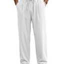 PRIVIMIX Mens Breathable Linen Pants Loose Fit Cotton Casual Pants for Summer Beach with Elastic Waist Drawstring White L (White, L)