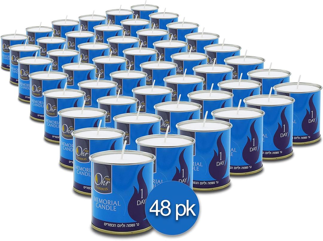 1 Day Yahrzeit Candle - 48 Pack - 24 Hour Kosher Yahrtzeit Memorial and Yom Kippur Candle in Tin Cup Holder