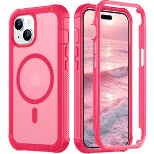 Red2Fire Magnetic for iPhone 15 Case, [Compatible with MagSafe][Military Grade Drop Protection][Heavy Duty Shockproof] Non-Slip Translucent Matte Bumper Phone Case for iPhone 15 6.1"-Hot Pink