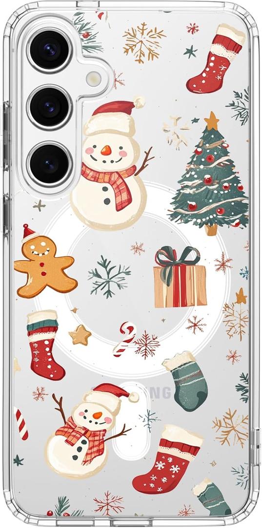 for Samsung Galaxy S24 Case, Compatible with MagSafe, Cute Kawaii Christmas Snowman Magnetic Phone Case, Clear Soft Slim Fit Shockproof Protective Cover for Women Girls