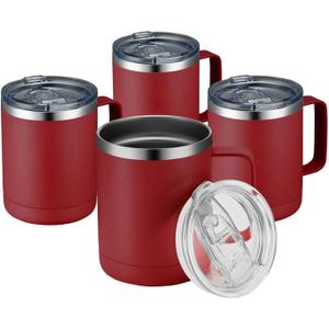 MEWAY 12oz Coffee Mug With Handle 4 Pack Bulk,Stainless Steel Insulated Travel Tumblers With Sliding Lid,Double Wall Vacuum Camping Cup for Hot & Cold Drinks Tea (Red,Set of 4)