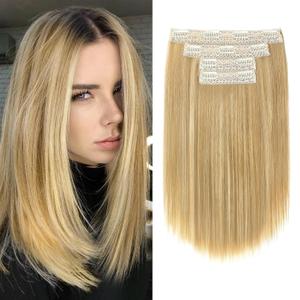 Hair Extensions, 14" Short Clip in Hair Extensions 4PCS Straight Natural Soft Synthetic Hairpiece for Women - Golden Blonde with Highlights