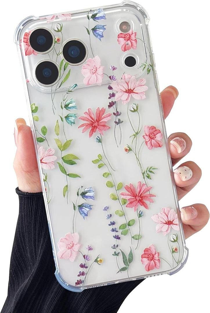 DEFBSC Soft Case Compatible with iPhone 17 Pro Max, Clear Floral Flower Pattern Print Design Flexible TPU Shockproof Cover for Women Girls, Flower Protective Phone Case, Pink Cosmos