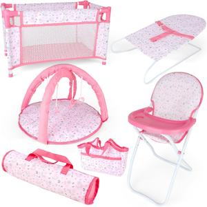 deAO Baby Doll Accessories12-14 Doll Playset with High Chair Crib Bed Play Mat Storage Bag Handbag - 6 in 1 Pink Dolls Playset with Furniture Gifts for Girls
