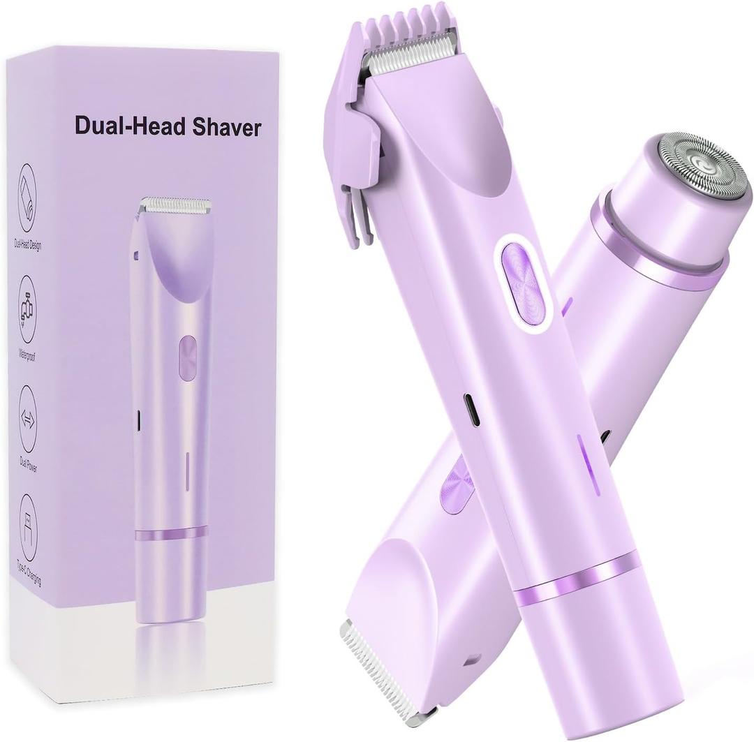2 in 1 Bikini Trimmer for Women Dual Head Shaver Electric Razors Lady Pubic Hair, Ipx7 Waterproof Bikini Underarm Arms Leg Face Body (Purple)