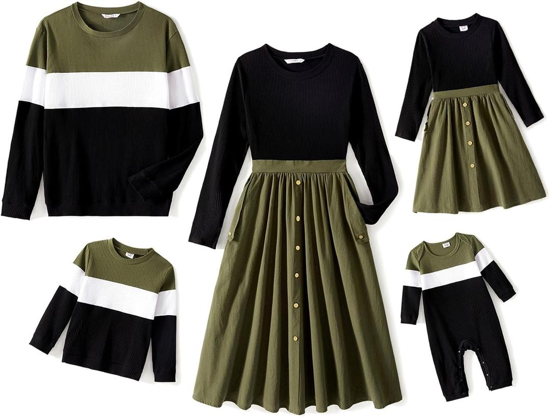 PATPAT Family Matching Outfits for Fall Winter Long Sleeve Women Dresses and Sweatshirts Sets for Holiday Photoshoot (Medium, Green)