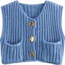 Women's Sleeveless Knit Cardigan Casual Button Down Cropped Knitted Sweater Vest with Pockets (Blue, L)