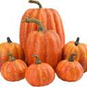 Plastic Pumpkin, Enchanting 7 Piece Faux Pumpkin Set Vibrant Orange Plastic Decorative Pumpkins for Fall, Halloween Thanksgiving