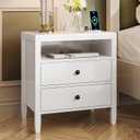 Huuger Nightstand with Charging Station, White Nightstand with 2 Drawers, Bed Side Table for Bedroom, Bedside Table with Storage, Modern Nightstands, Metal Knobs, Painted Surface