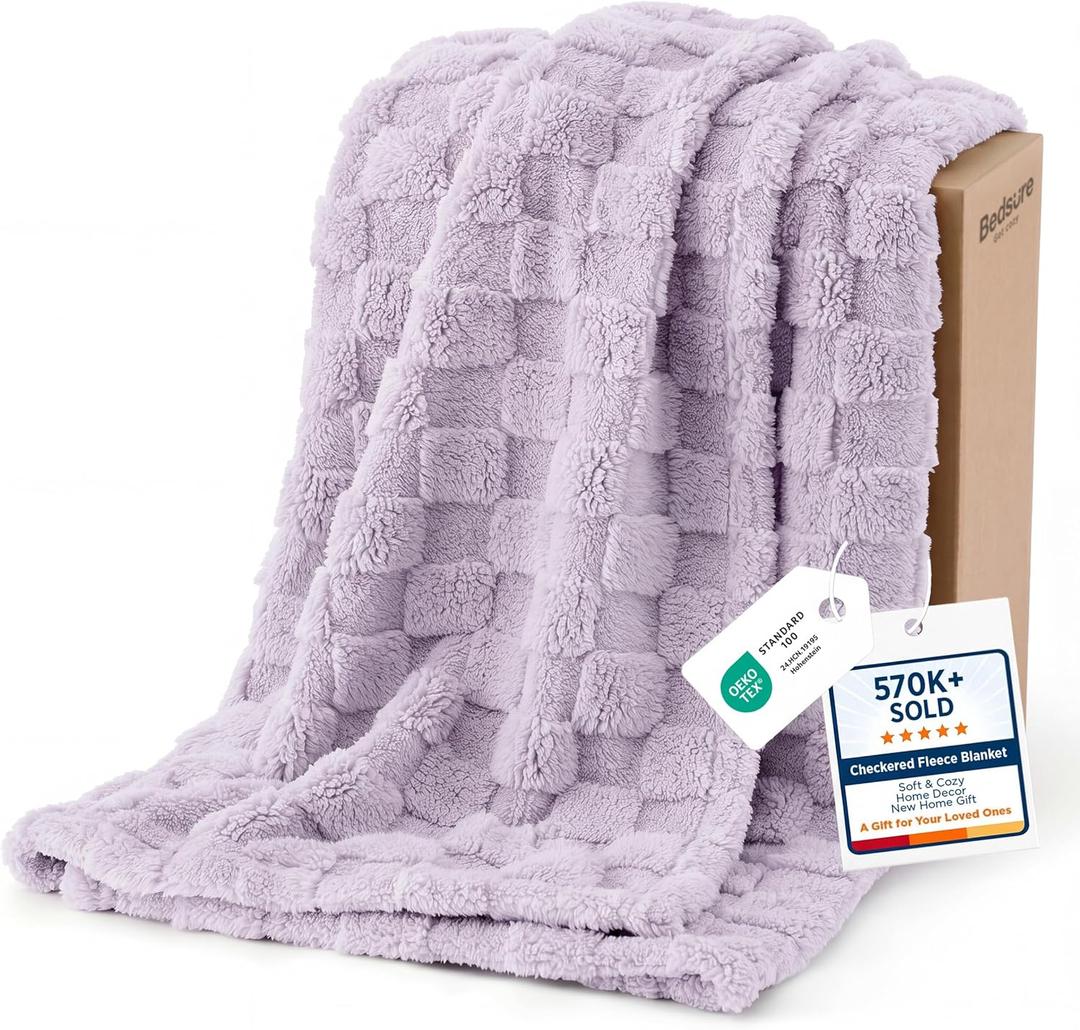 Bedsure GentleSoft Lavender Purple Throw Blanket for Couch Bed, Checkered Fleece Soft Cozy Mothers Gifts Day BlanketsThrow for Bedroom Home Decor Gifts for Girls, Lavender Fog, 50x60 Inches