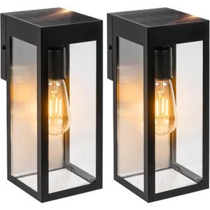 2-Pack Solar Wall Lights with Replaceable Bulb, Outdoor Solar-Powered Lantern with Dusk-to-Dawn Sensor, LED Sconce Metal Exterior for Front Porch, Security Lamps for Patio Fence Garage, Bulbs Included