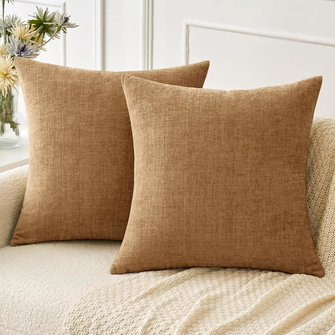 MIULEE Pack of 2 Couch Throw Pillow Covers 18x18 Inch Soft Apricot Brown Chenille Pillow Covers for Sofa Living Room Solid Dyed Pillow Cases