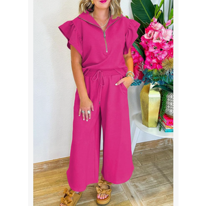 SELINK Two Piece Sets for Women Summer Outfits Ruffle Cap Sleeve Zip Top Wide Leg Pants Lounge Set Tracksuits Rose large