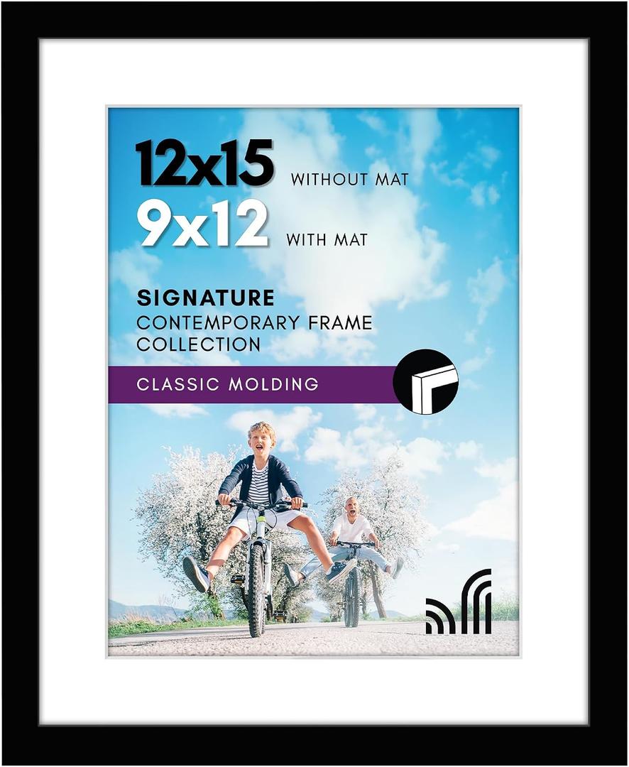 Americanflat 12x15 Picture Frame with Shatter-Resistant Glass - Use as 9x12 Frame with Mat or Display 12x15 Photo Without Mat - Signature Collection - Picture Frames for Wall Display - Black