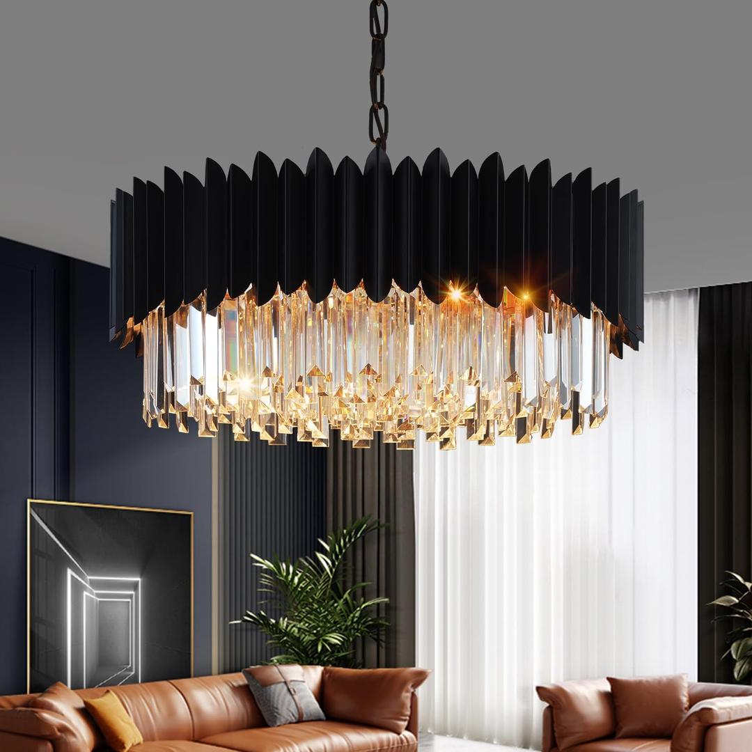 Black Crystal Chandelier 23.62'' K9 Crystal Round Pendant Lights Adjustable 5-Tier Large Modern Crystal Chandelier for Dining Room Living Room Kitchen Island Bedroom Foyer Entryway (24" Flat)