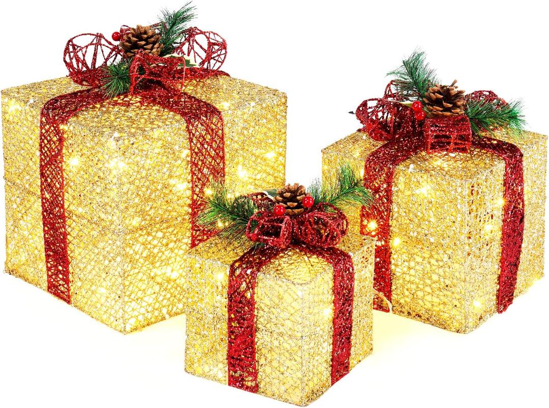 VINGLI Christmas Lighted Gift Boxes Set of 3 with Plug, Weather Proof Nestable Present Boxes Ornament Home Decor Pre-lit 60 LED Lights Pre-Secured Bowknot for Indoor or Outdoor Christmas Decorations