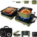 2 Burner Camping Stove with Cooking Set, 24000 BTU Propane Stove, Green
Foldable Camp Stove with 2-in-1 Frying Pan & Pot, Griddle, Windshield, Carry Bag, Ideal for RV, Picnic, Tailgating, Survival