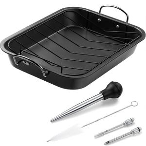 Chengu 14.6 x 11.4 Inch Christmas Turkey Roasting Pan with Rack Baster Injector and Cleaning Brush Nonstick Turkey Roaster Set for Baking Chicken Meat and Vegetables
