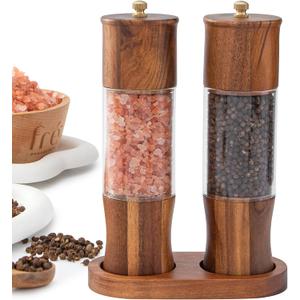 Wooden Salt and Pepper Grinder Set Acacia Wood Salt Grinder and Pepper Grinder Set, Manual Salt and Pepper Mills with with Ceramic Core, Salt and Pepper Shaker, Adjustable Coarseness