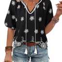 Vivilli Womens Summer Boho Tops Casual V Neck Short Sleeve Blouses Floral Printed Shirt Tie Front Flowy Vacation Clothes (Black) XL