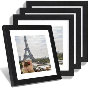 Hongkee 10x10 Picture Frame Set of 4, Made of Glass and Rustic Black Wooden Frame - Display Picture 8x8 with Mat or 10 x 10 Without Mat, 10 by 10 Photo for Wall or Tabletop