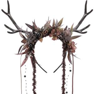 MOSTORY Flower Reindeer Headband for Women - Floral Antler Headpiece Woodland Deer Horns Hairband for Renaissance Cosplay (Brown)