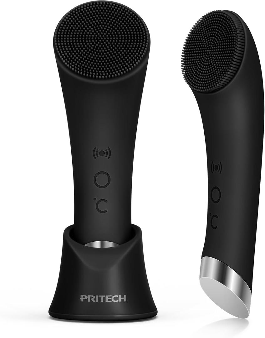 PRITECH Facial Cleansing Brush, Rechargeable Silicone Face Scrubber with Heat Massage End, Vibrating Exfoliator Scrubber for Deep Cleaning, Waterproof Face Brush for Women and Men (Black)