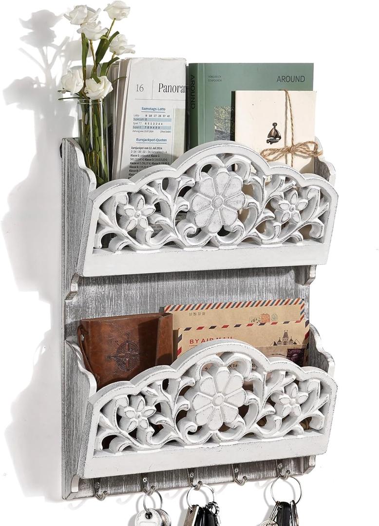 Key and Mail Holder for Wall, 2-Slot Mail Organizer Wall Mount with 5 Key Hooks, Wooden Key Hangers Wall File Organizer Letter Sorter, Key Rack for Entryway and Home Decor,Extra Wide (Extra Large)