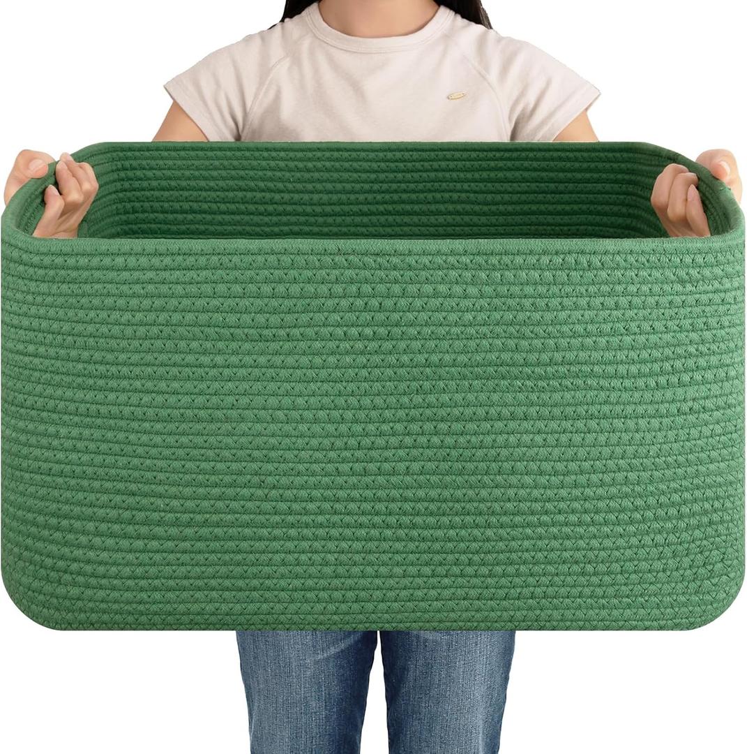 OIAHOMY 75L Large Blanket Basket, Woven Cotton Rope Baskets for Organizing 22x17x12, Blanket Basket living Room, Toy Storage Bins for Nursery, Green