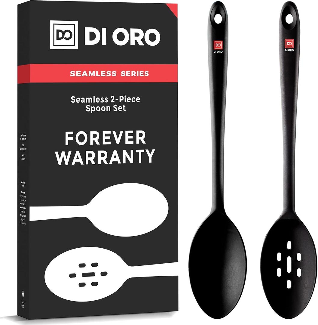 2 x DI ORO Silicone Spoons for Cooking - Large Kitchen Spoons for Mixing, Serving, & Stirring - 600°F Heat-Resistant Non Stick Utensils – Big Solid & Slotted - Dishwasher Safe (2pc, Black)