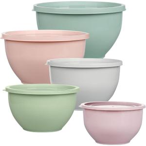 5-Piece Plastic Mixing Bowls with Lids Set for Kitchen, Nesting Bowls for Mixing, Baking, Prepping, Cooking and Serving Food, Mixing Bowls Dishwasher, Microwave Safe(5 Set-Pink)