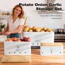 Metal Potato Onion and Garlic Storage Tin Set of 3, White Kitchen Vegetable Canisters with Bamboo Lid and Aerating Holes, Stackable Kitchen Keeper Storage for Countertop Pantry