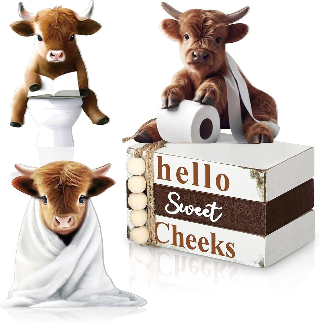 4 Pcs Highland Cow Bathroom Decor Wooden Farmhouse Highland Cow Decoration Western Hello Sweet Cheeks Table Centerpiece Block Signs for Party Bathroom Kitchen Home Dining Table Tiered Tray Shelf Decor