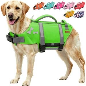 EMUST Dog Life Jacket, Lightweight Good Safety Dog Life Vests with Thickened Rescue Handle for Large Dogs, Pet Safety Swimsuit Preserver for Swimming Pool Beach Boating, XXL, NewGreen