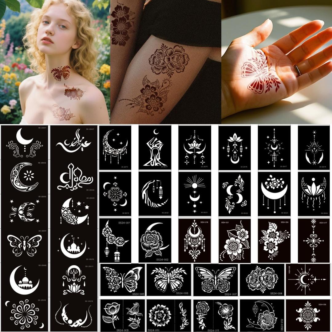 Temporary Tattoo Stencils Kit, 40 Sheets Henna Adhesive Body Art Stencils for Women Man Face Body Paint DIY Art Reusable Glitter Tattoo Stencils Pack