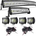 42Inch 780W + 22Inch 390W Curved LED Light Bar Triple Row Flood Spot Combo Beam Off Road Lights + 4pcs 4Inch 60W Led Fog Lights W/2PCS Rocker Switch Wiring Harness for Jeep Trucks ATV Boat