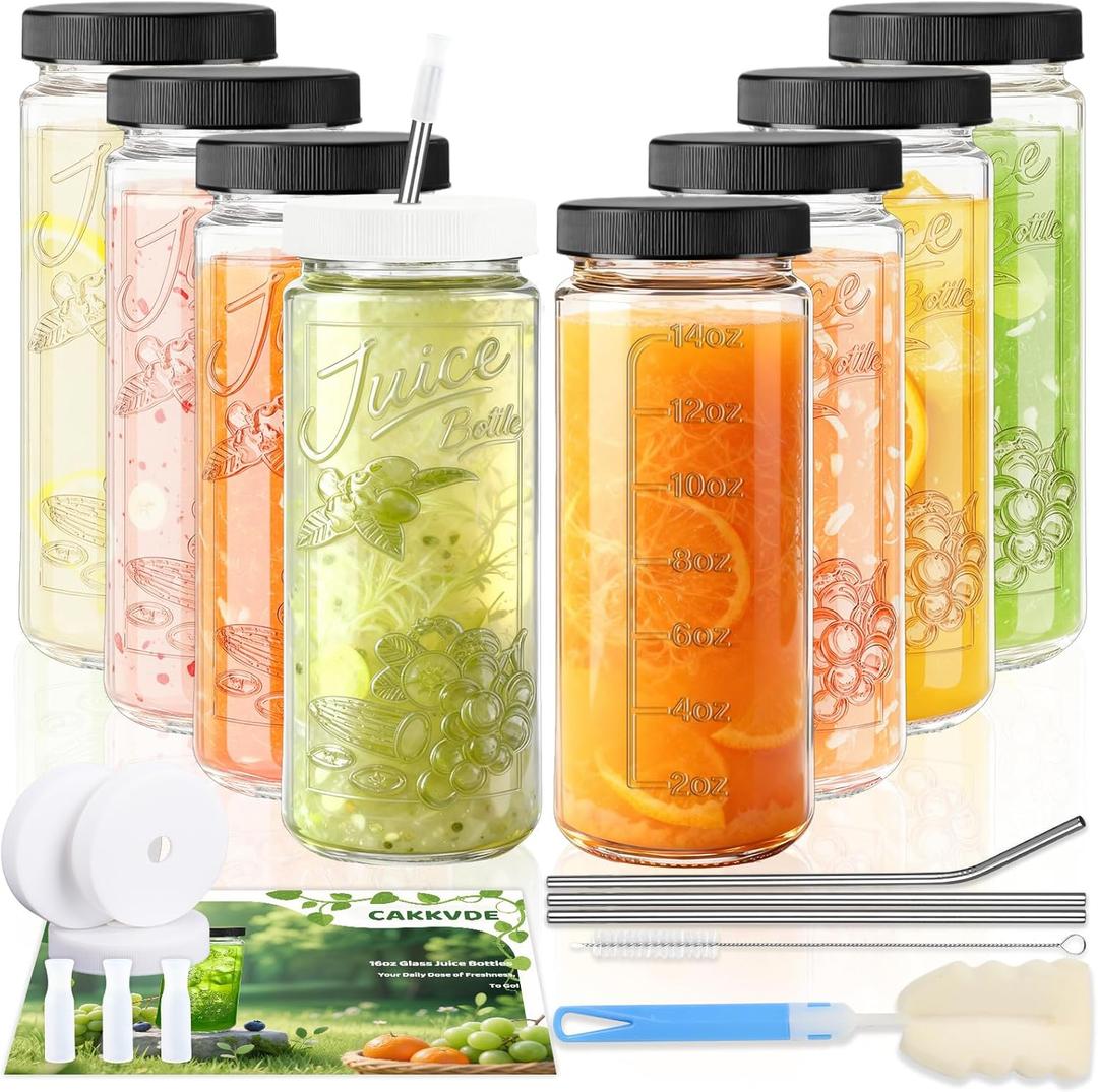 8 Pack 16oz Glass Juice Bottles with Lids - Juicing Bottles with Thickened Leakproof Caps & Custom Designs, High-Clarity Reusable Glass Bottles for Juicing, Smoothies, Kombucha and Iced Coffee