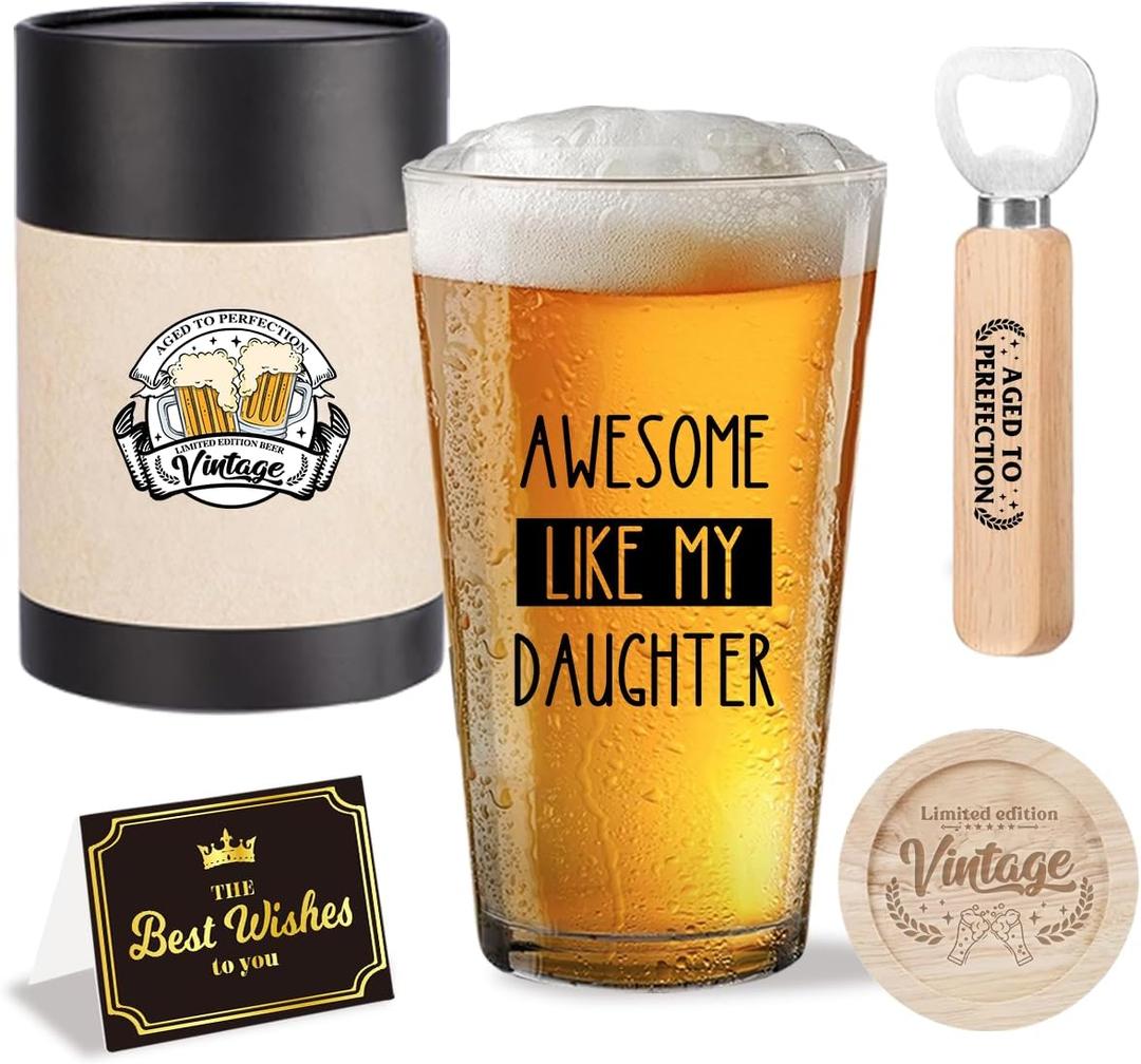 Funny Dad Fathers Day Retirement Gift Christmas Retired Valentines Birthday Gifts for Dad Men Father Daddy from Daughter Beers Lovers Cool Beer Drinking Glass Gift