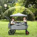 EVER ADVANCED Foldable Wagons for Two Kids & Cargo, Collapsible Folding Stroller with Adjustable Handle Bar,Removable Canopy with 5-Point Harness Gray
