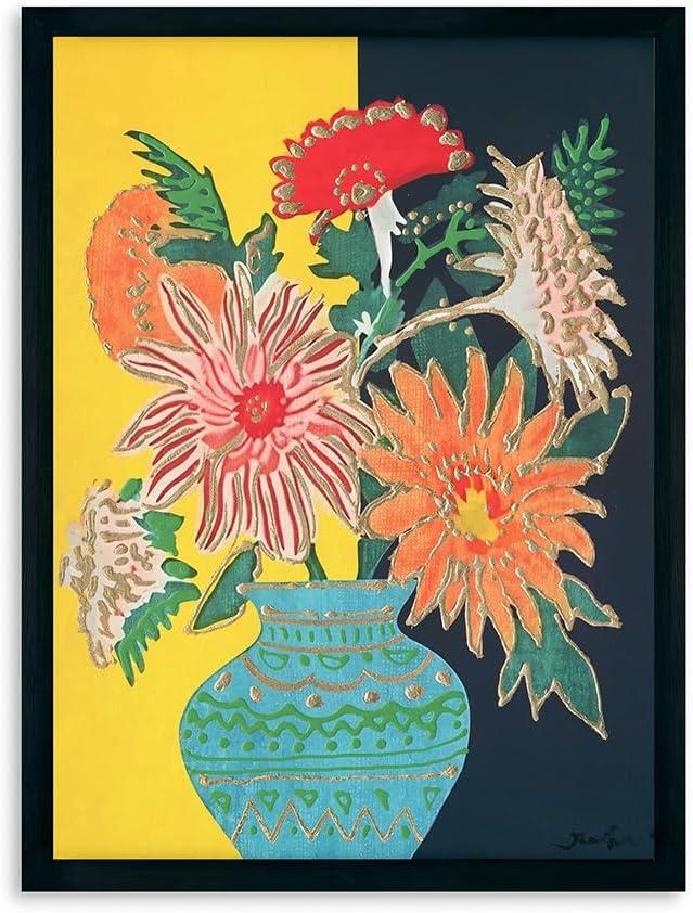Yidepot Yellow Black Flowers Wall Decor - 12"x15" Vase Flower Boho Vintage Flower Pictures Fake Black Frame Colorful Art Work for Bedroom Walls Fake frame