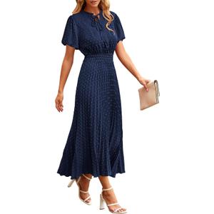 PRETTYGARDEN Summer Long Dresses for Women Puff Short Sleeve V Neck Swiss Dot Pleated A Line Casual Flowy Party Midi Dress (Navy, Large)