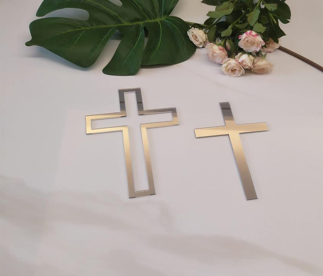 16pcs of Acrylic Cross Cake Topper, Cross Cake Charm for Baptism, Christening, Holy Communion Cake (6'', Silver Mirror)