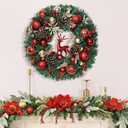 Christmas Wreath - 16" Christmas Wreaths for Front Door Red Christmas Reindeer Balls Berries Pine Cones Pine Needles Door Wreath for Home Wall Window Porch Indoor Outdoor Decor