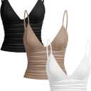 SOLY HUX Women's Deep V Neck Spaghetti Strap Crop Top 3 Packs Camisole Summer Layer Cami Shirts (Medium, White Khaki Black)