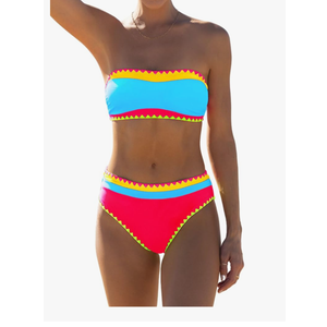 Women's Strapless Bikini Sets Neon Color Block Bandeau Swimsuits Two Piece Bathing Suits for Beach Vacation 2025 Size L