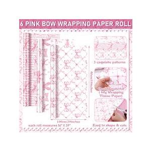 5 Rolls Pink White Bow Wrapping Paper 16 x 39 Inch Per Roll Bachelor Party Decorations Pink White Bow Tissue Printed Wrapping Paper Gift for Bridal Shower Birthday Graduation Party Decor, 3 Style